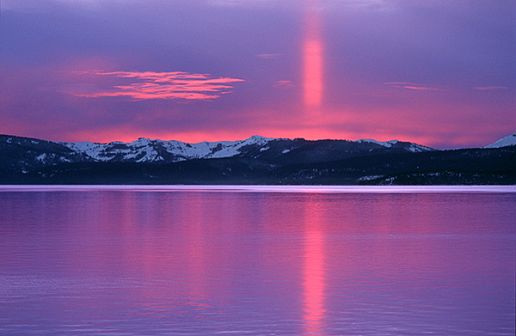 Sun pillars near Lake Tahoe, Nevada, U.S.A.