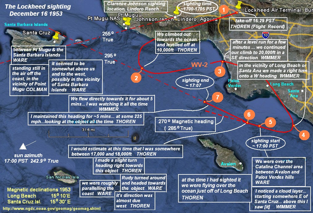 Martin SHOUGH's reconstruction of the possible WV-2 flight path, sighting positions and bearings.